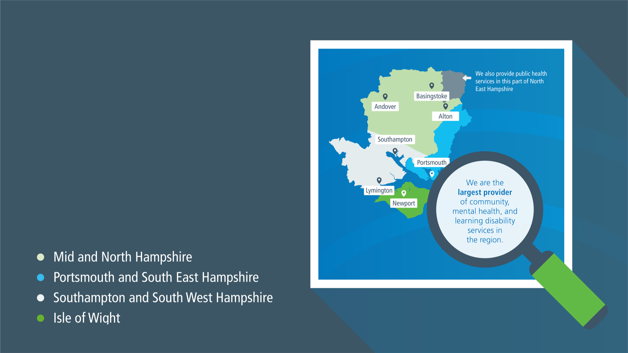 Map of Hampshire and Isle of Wight divided into our 4 geographical divisions; Mid and North Hampshire, Portsmouth and South East Hampshire, Southampton and South West Hampshire and Isle of Wight